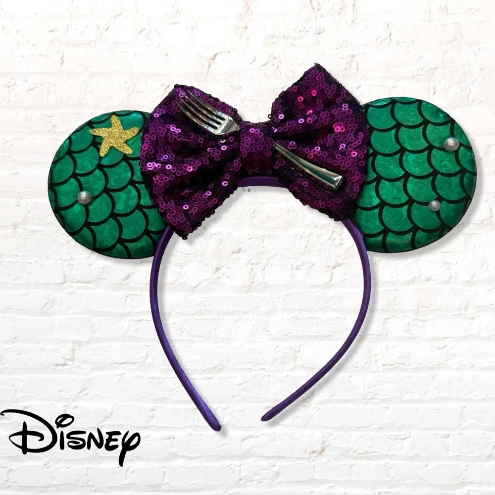 Disney Ariel Little Mermaid Mouse Ears Purple Sequin Bow Green Mermaid Scales